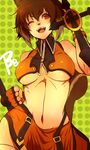  animal_ears bad_id bad_pixiv_id bare_shoulders blazblue breasts brown_hair large_breasts makoto_nanaya navel one_eye_closed open_mouth orange_skirt red_eyes revealing_clothes senano-yu short_hair skirt smile solo squirrel_ears squirrel_tail tail tonfa underboob weapon 