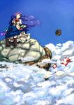  blue_hair cloud day food fruit hat hat_removed headwear_removed hinanawi_tenshi long_hair peach red_eyes shibasaki_shouji sky solo touhou 