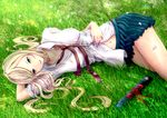  bad_id bad_pixiv_id blonde_hair blue_eyes diploma grass highres long_hair lying minusion navel original school_uniform skirt solo unbuttoned 