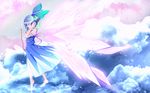  blue_eyes blue_hair cirno clouds dress headphones ribbons short_hair sky touhou wings 