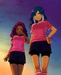  bike_shorts blue_eyes blue_hair breasts dark_skin drill_hair face from_below hand_on_hip inazuma_eleven inazuma_eleven_(series) kii_fumiko lipstick looking_down makeup medium_breasts multicolored_hair multiple_girls nail_polish pink_eyes pink_nails purple_hair red_nails shirt short_shorts shorts smirk t-shirt two-tone_hair uniform urubida white_hair yukasummer 