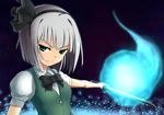  aqua_eyes black_hairband bob_cut bow bowtie glaring glowing hairband highres katana konpaku_youmu konpaku_youmu_(ghost) light_particles outstretched_arm short_hair silver_hair solo sword touhou upper_body wallpaper weapon yooguru 