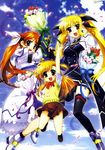  blonde_hair bouquet brown_hair fate_testarossa flower highres lyrical_nanoha magical_girl mahou_shoujo_lyrical_nanoha_strikers multiple_girls okuda_yasuhiro school_uniform takamachi_nanoha thighhighs twintails vivio 