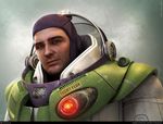  3d armor buzz_lightyear commentary facial_hair green_eyes highres male_focus manly parody raoni_nery realistic solo starcraft stubble terran_marine toy_story 