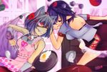  angry animal_ears apron bad_id bad_pixiv_id bowl cooking egg flipping_food food frying_pan glowing glowing_eyes grin hat inubashiri_momiji mito_(calcomer) motion_blur multiple_girls pointy_ears red_eyes rice rice_bowl shameimaru_aya smile tail touhou translated wolf_ears 