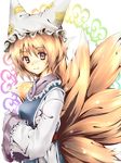  blonde_hair chaigidhiell dress face fox_tail gradient_eyes hat multicolored multicolored_eyes multiple_tails purple_eyes short_hair smile solo tail touhou wide_sleeves yakumo_ran yellow_eyes 