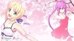  april_fools artoria_pendragon_(all) bad_link bare_shoulders blonde_hair braid breasts casual cleavage dress fate/stay_night fate_(series) hair_ribbon long_hair medium_breasts melty_blood multiple_girls no_hat no_headwear open_mouth outstretched_arms petals purple_eyes red_legwear ribbon saber see-through single_braid sion_eltnam_atlasia smile spread_arms takeuchi_takashi teeth thighhighs tsukihime tsurime twitter type-moon zettai_ryouiki 