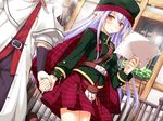  blush chelsea_arcot game_cg hat ko~cha long_hair orange_eyes purple_hair shukufuku_no_campanella skirt uniform 