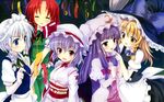  blonde_hair blue_eyes chinese_dress fang gray_hair hat hong_meiling izayoi_sakuya kirisame_marisa long_hair maid orange_eyes patchouli_knowledge purple_hair red_eyes redhead remilia_scarlet ribbons short_hair sky stars touhou violet_eyes wings 