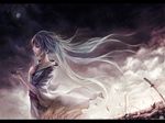  blue_eyes blue_hair crying hatsune_miku japanese_clothes kimono long_hair moon rain ribbons sky sword vocaloid weapon 