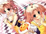  :3 absurdres anger_vein apron blue_eyes brown_hair casual caught checkered checkered_floor cherry_tomato copyright_request eating flag food highres kokonoka multiple_girls omurice plate ponytail spatula sweatdrop two_side_up 