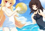  auer bad_id bad_pixiv_id bakemonogatari ball blonde_hair blush brown_eyes brown_hair cloud day long_hair monogatari_(series) multiple_girls ocean one-piece_swimsuit oshino_shinobu outdoors red_eyes school_swimsuit sengoku_nadeko short_hair sky swimsuit very_long_hair water white_school_swimsuit white_swimsuit 