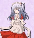  alternate_costume apron blue_eyes blush cosplay enmaided gorujitai grey_hair hair_bobbles hair_ornament hands_together long_hair maid maid_headdress one_eye_closed own_hands_together shinki side_ponytail solo steepled_fingers touhou touhou_(pc-98) yumeko yumeko_(cosplay) 