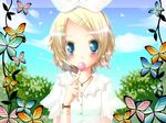  blonde_hair blue butterfly eyes hair_ribbon kagamine_rin ribbon short_hair sky tagme vocaloid 