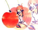  ahoge ame_usako bad_id bad_pixiv_id banned_artist blush cherry elbow_gloves food fruit gloves headphones long_hair minigirl oversized_object red_eyes red_hair seiza sf-a2_miki side_ponytail sitting solo striped striped_legwear thighhighs vocaloid zoom_layer 