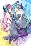  aqua_eyes aqua_hair aruhina blue_eyes bow bug butterfly butterfly_hair_ornament dress hair_ornament hat hatsune_miku headphones high_heels holding_hands insect long_hair magnet_(vocaloid) megurine_luka multiple_girls pantyhose pink_hair shoes strapless strapless_dress top_hat twintails vocaloid 
