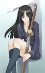  black_hair ga-rei ga-rei_zero hime_cut isayama_yomi katana long_hair purple_eyes sakamoto_mineji school_uniform serafuku skirt socks solo sword weapon 