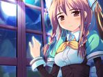  blush braids brown_eyes brown_hair dress game_cg ko~cha long_hair moon ribbons shukufuku_no_campanella sky stars 