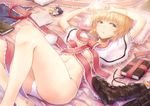  alice_margatroid arms_up bed blonde_hair blue_eyes book boots breasts covered_nipples doll grimoire grimoire_of_alice highres hyuuga_azuri lingerie lying medium_breasts midriff navel on_back panties ribbon shanghai_doll short_hair side-tie_panties solo thighs touhou underwear untied 
