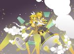  blonde_hair blue_eyes happy headphones kagamine_len kagamine_rin short_hair vocaloid 