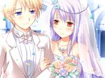  blonde_hair blue_eyes blush chelsea_arcot dress flowers game_cg ko~cha long_hair purple_hair red_eyes ribbons short_hair shukufuku_no_campanella wedding 