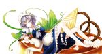  :d barefoot blush braids grey_eyes grey_hair izayoi_sakuya maid maid_headdress ribbons short_hair touhou 