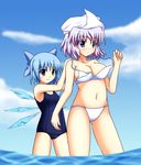  assisted_exposure bad_id bad_pixiv_id bikini blue_eyes blue_hair blush bow breasts cirno hair_bow hat lavender_eyes letty_whiterock medium_breasts multiple_girls one-piece_swimsuit sakai_(pixiv) school_swimsuit small_breasts swimsuit touhou untying water wings 