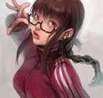  braid brown_eyes brown_hair ear_piercing face foreshortening glasses hands katekari_yuusuke lips looking_away original piercing solo track_suit twin_braids upper_body 