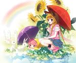  animal_ears bad_id bad_pixiv_id blush boots bunny cherrypin clover clover_(flower) fence flower happy hood hoodie long_hair multiple_girls orange_hair original purple_eyes quad_braids rainbow rubber_boots short_hair sunflower umbrella very_long_hair water wooden_fence 