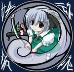  black_hairband blue_eyes flower from_above ghost hairband katana konpaku_youmu konpaku_youmu_(ghost) lowres mandara_misaki scabbard sheath silver_hair solo sword touhou weapon 