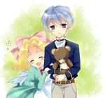  blonde_hair blue_eyes bow closed_eyes dress highres hug iris_chateaubriand jean-paul kage_no_utage leni_milchstrasse multiple_girls pink_bow sakura_taisen sakura_taisen_ii short_hair stuffed_animal stuffed_toy teddy_bear 