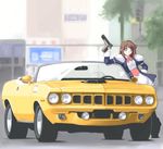  arm_support bangs blue_eyes blurry bow bowtie buttons car convertible day depth_of_field egu_(e_g_u) frills grey_hair ground_vehicle gun hand_on_hip hand_up handgun holding holding_gun holding_weapon juliet_sleeves leaning left-hand_drive light_smile long_hair long_sleeves looking_at_viewer m1911 motor_vehicle muscle_car original outdoors parted_bangs pistol plymouth plymouth_barracuda puffy_long_sleeves puffy_sleeves sleeve_cuffs smile solo traffic_light tree trigger_discipline weapon 