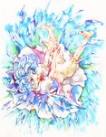  barefoot bloomers blue_eyes blue_hair bow cirno dress feet hair_bow hands ice navel open_mouth shinoasa short_hair short_sleeves solo touhou traditional_media underwear upside-down watercolor_(medium) 