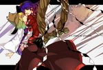  bad_id bad_pixiv_id blonde_hair blue_eyes english gradient_hair hat kiguchiko moriya_suwako multicolored_hair multiple_girls purple_hair red_eyes touhou yasaka_kanako zoom_layer 