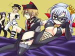  3boys arsene bad_id bad_pixiv_id belt buckle cape crown hat heart henriette_mystere ichi_(ichiyarou) latex licking lying multiple_boys night purple_eyes rat_(milky_holmes) silver_hair stone_river tantei_opera_milky_holmes thighhighs twenty_(milky_holmes) 