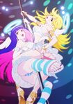  angel_wings armband bare_shoulders blonde_hair feet foreshortening halo high_heels jewelry long_hair multicolored_hair multiple_girls nail_polish nekoi_mie open_mouth panties panty_&amp;_stocking_with_garterbelt panty_(psg) pink_nails pole pole_dancing purple_nails stocking_(psg) striped striped_panties stripper stripper_pole thighhighs toenail_polish toes two-tone_hair underwear undressing wings 