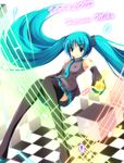  aqua_eyes aqua_hair armpits bad_id bad_pixiv_id black_legwear blush detached_sleeves hatsune_miku headset long_hair necktie note okome_(minagisama) skirt smile solo thighhighs twintails very_long_hair vocaloid 