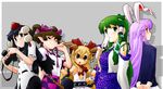  absurdres ahoge alternate_hairstyle animal_ears belt black_hair blazer blonde_hair blue_eyes bow brown_eyes bunny_ears camera checkered checkered_skirt detached_sleeves green_eyes green_hair hair_bow hat highres himekaidou_hatate horns ibuki_suika jacket kochiya_sanae long_hair multiple_girls pointy_ears purple_hair red_eyes reisen_udongein_inaba shameimaru_aya short_hair skirt sleeveless tokin_hat touhou twintails wings wrist_cuffs yakuta_tetsuya yellow_eyes 