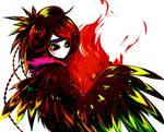  black_hair black_sclera black_wings blank_stare braid crimtrus facial_mark feathers fire green_hair hair_feathers harpy high_contrast looking_at_viewer looking_back monster monster_girl multicolored_hair multiple_braids no_humans no_mouth no_nose original red_hair solo upper_body white_background wings yellow_eyes 