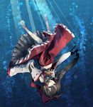  barefoot beckoning blue_eyes bow brown_hair bubble detached_sleeves foreshortening frills gathers hair_bow hakurei_reimu highres light_rays long_hair looking_at_viewer midriff navel open_mouth outstretched_hand skirt solo sunbeam sunlight touhou underwater upside-down yudough 