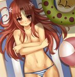  bad_id bad_pixiv_id ball beachball bikini bikini_bottom blush breast_hold breasts brown_hair covering flower hair_flower hair_ornament lying medium_breasts navel no_bra on_back open_mouth original solo striped striped_bikini swimsuit tonee topless 