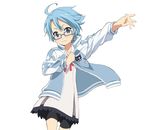  :3 adjusting_clothes ahoge aoi_(houkago_no_pleiades) bike_shorts blue_eyes blue_hair glasses houkago_no_pleiades jacket letterman_jacket looking_at_viewer neck_ribbon ootsuka_mai ribbon school_uniform serafuku short_hair simple_background solo white_background 