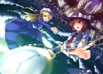  blonde_hair blurry bow brown_eyes brown_hair city_lights cityscape depth_of_field hair_bow hat holding_hands long_hair maribel_hearn multiple_girls necktie night open_mouth outstretched_arm outstretched_hand pocket_watch red_eyes ryosios short_hair smile touhou usami_renko watch 