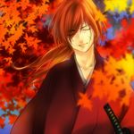  closed_eyes himura_kenshin leaf long_hair male_focus maple_leaf ponytail red_hair rurouni_kenshin scar solo tamachi_kuwa 