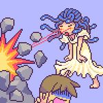  1girl akai_(artist) akai_(ugokashitari) aliasing barefoot brown_hair dress explosion laser laser_eyes lowres medusa monster_girl pixel_art rock scared shaded_face simple_background snake_hair sprite 