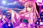  bad_id bad_pixiv_id blue_eyes blush cloud cloudy_sky full_moon japanese_clothes kimono leaf long_hair megurine_luka moon night night_sky outstretched_arm parted_lips pink_hair shiramori_yuse sky solo vocaloid wide_sleeves 
