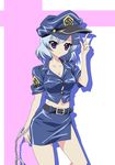  belt breasts cleavage cuffs handcuffs henriette_mystere hoshino_sora large_breasts midriff navel pencil_skirt police police_uniform purple_eyes shadow shirt silver_hair skirt sleeves_rolled_up solo tantei_opera_milky_holmes taut_clothes taut_shirt uniform 
