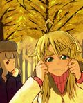  ahoge bad_id bad_pixiv_id blonde_hair coat fur_hat green_eyes grey_hair hat highres hoshii_miki idolmaster idolmaster_(classic) leaf long_hair looking_back multiple_girls one_eye_closed red_eyes shijou_takane smile sweater tree wagatsuma_shuuichi 