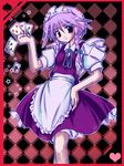  blue_eyes blue_hair border braid card card_(medium) checkered checkered_background falling_card heart holding holding_card izayoi_sakuya maid maid_headdress mandara_misaki playing_card purple_hair red_border short_hair solo touhou twin_braids 