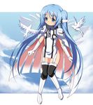  absurdres bad_id bad_pixiv_id bird black_legwear blue_eyes blue_hair blush boots chain cloud collar day elbow_gloves glasses gloves highres nymph_(sora_no_otoshimono) sky solo sora_no_otoshimono thigh_boots thighhighs tonee twintails wings 